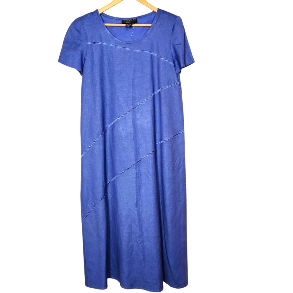 Vintage 90s Linen Maxi Dress‎ Short Sleeve Flowy Ladder Lace Blue Cottagecore 8